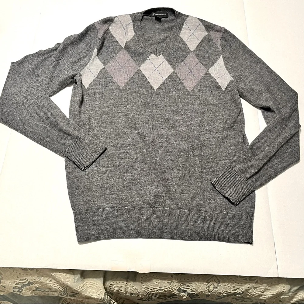 INC International Concepts Mens Small Grey Gray Purple Argyle Wool Blend Sweater
